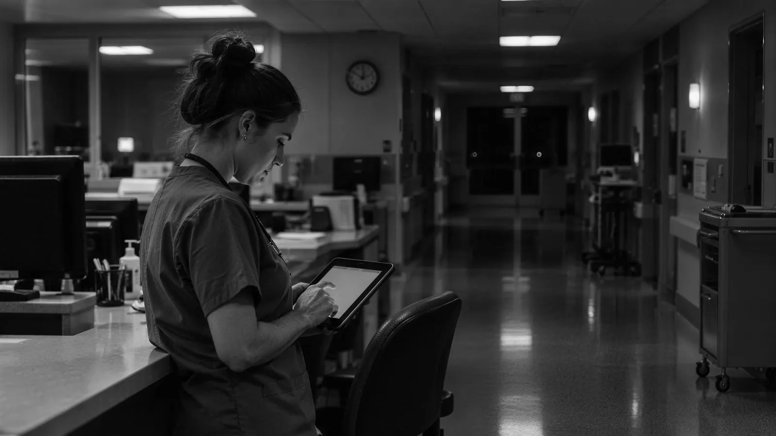 Una enfermera revisa una tablet en la estación de enfermería de un hospital de noche.